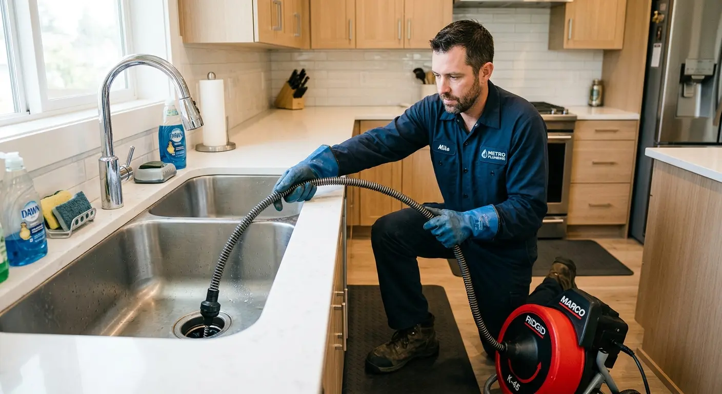 Drain cleaning technician using a motorized snake on a kitchen sink in Spring Creek