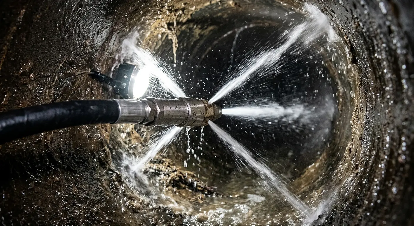 High-pressure hydro jetting nozzle cleaning sewer pipe for Sewer Cleanout in Spring Creek