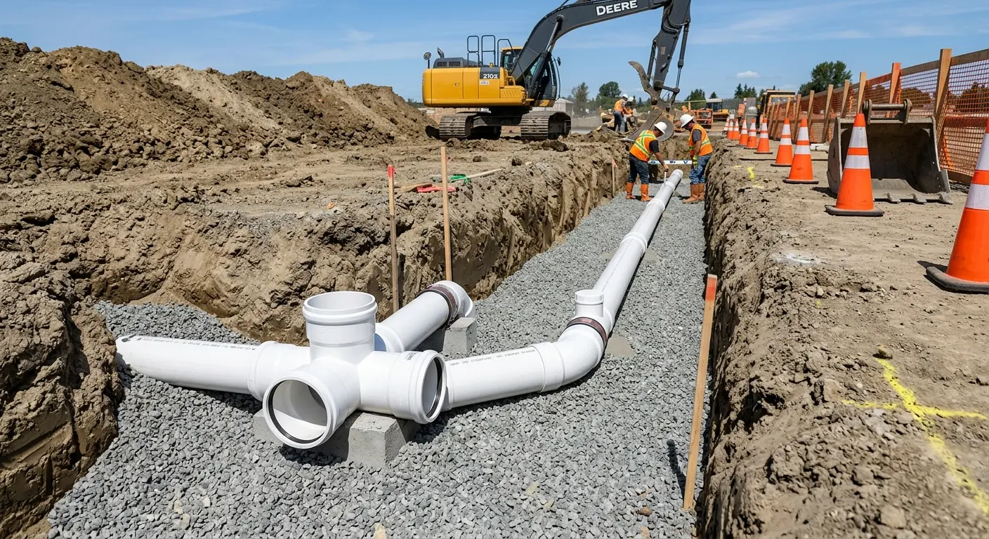 New PVC sewer pipe installation in open trench for Grease Trap Cleaning in Spring Creek