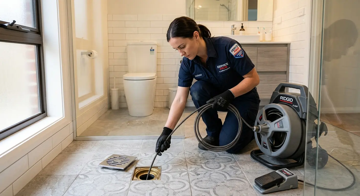 Technician clearing a bathroom floor drain for Drain Cleaning in Spring Creek